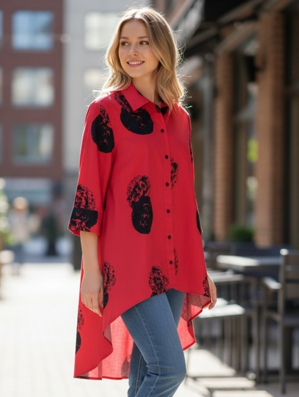 Truth + Style Hot Pink Button-Front Shirt with Black Print